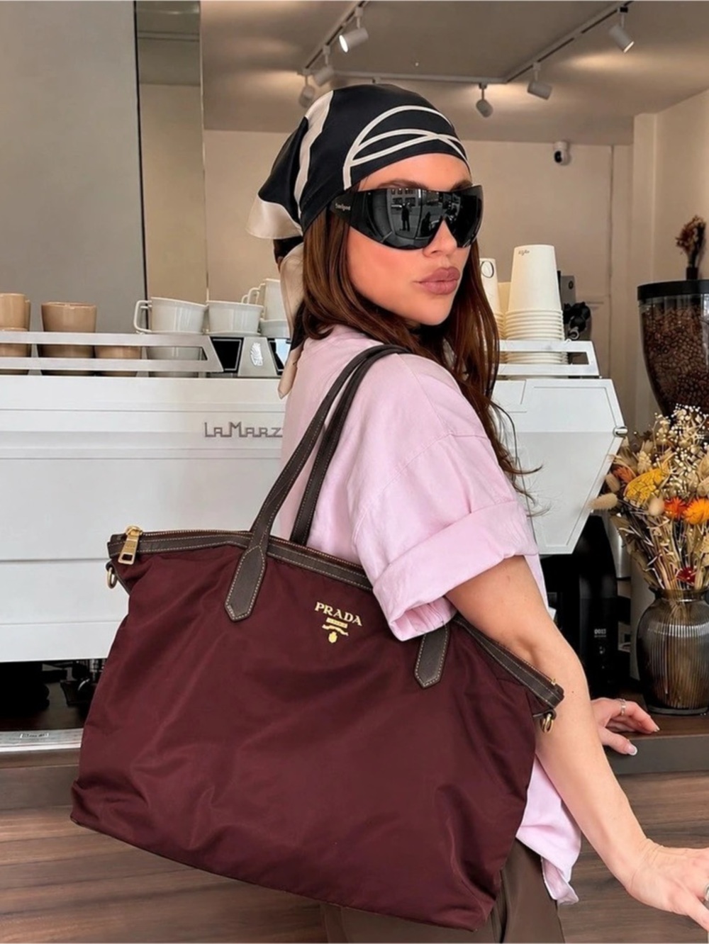 Prada Tessuto Nylon & Leather Trim Zip Tote Burgundy & Brown